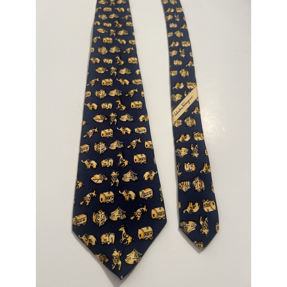Salvatore Ferragamo Blue Silk Tie Traveling Circus Theme 100% silk